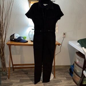 Good American Black Denim Jumpsuit Zip Front Utility Short Sleeve Size M NWT